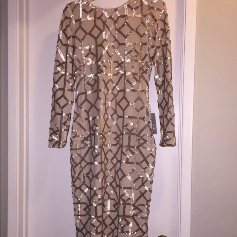 Dress the Population gold sequin midi dress